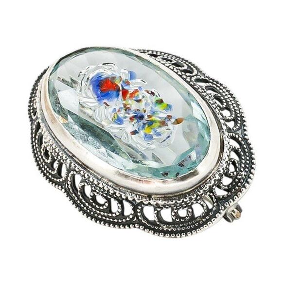 Czech Glass Reverse Carved Poured Glass Embedded Lampwork Brooch In Sterling - Picture 1 of 7